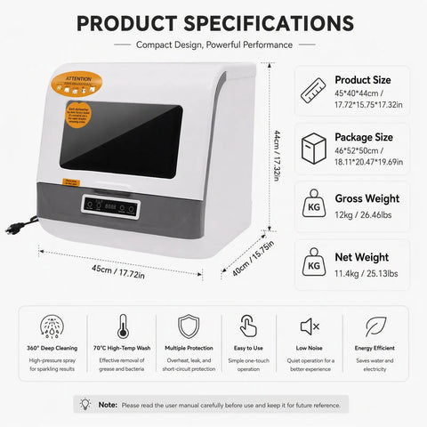 No Sweat Stainless Countertop Dishwasher Featuring Twelve Power Spray Jets Ozone Sterilization And High Temp Wash for specs and dimensions.