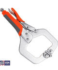 Locking Face Clamp 11 Inch Portable Table Vise Grip For Home Shop And Welding Beefy Heavy Duty Carbon Steel With Swivel Pads Tight Secure Hold For Woodworking And Metal Fabrication Projects, orange handle close-up