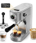 Pro Grade Espresso Machine With Milk Frother And Cappuccino Maker For Home Baristas Adjustable Temperature And Cup Size Built In Display Pressure Gauge Stainless Steel Body, showing cups and frother parts.