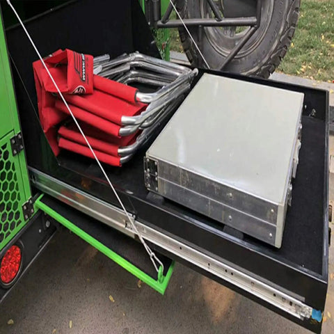 Built Tough Drawer Slides With Lock 10 Inch Dual Ball Bearing on truck bed with tools and folding chairs.