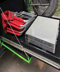Built Like A Tank Heavy Duty Drawer Slides Featuring Auto Lock Telescopic Full Extension Ball Bearing Rails Supporting Up To 120 Kilograms For Home Furniture And Cabinets One Pair with red folding chairs and silver storage box.