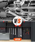 Comparison of tool organization with and without Heavy Duty Garage Storage Cabinet Set For Tool Organization 6 Piece System