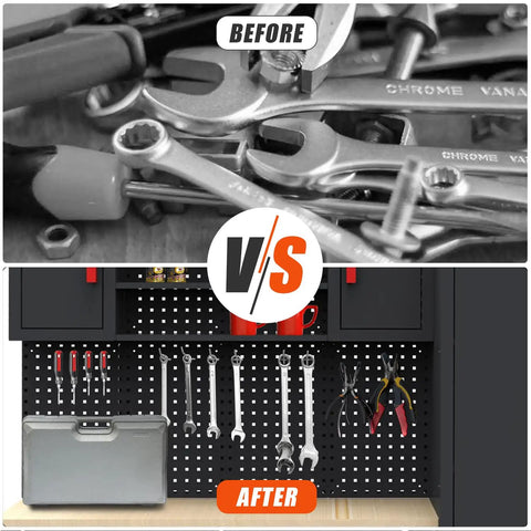 Comparison of tool organization with and without Heavy Duty Garage Storage Cabinet Set For Tool Organization 6 Piece System