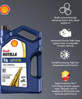 Trucker Grade Full Synthetic Diesel Engine Oil 5W-40 for Heavy Duty Diesel Engines, 1 Gallon Each, Three Pack With Triple Protection Plus Technology That Guards Against Wear, Deposits And Oil Breakdown, Shell Rotella T6 Full Synthetic 1-gallon oil bottle with features listed