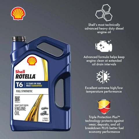 Shell Rotella T6 1-gallon full synthetic diesel engine oil with Triple Protection Plus and brand logo; shown front view.