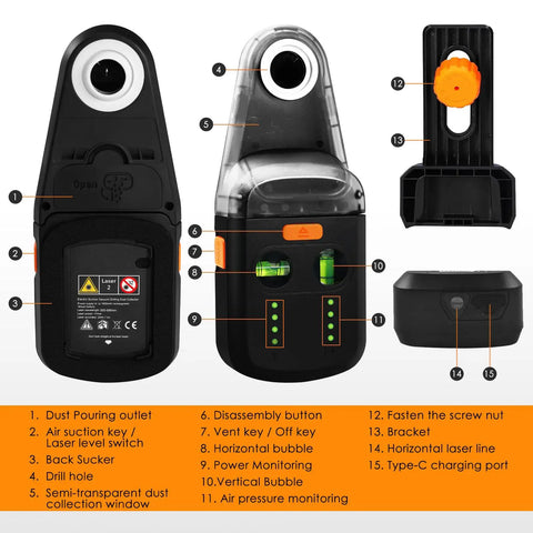 Front and back view of 4-In-1 Laser Level Tool With Line Laser, Drill Dust Collector, Electronic Vacuum Suction Cup And Wall Bracket