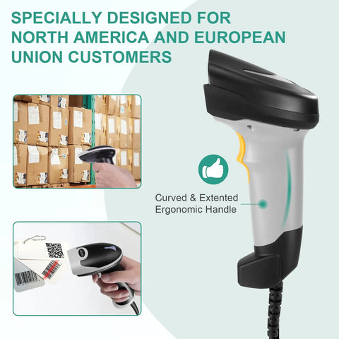 Handheld Barcode Scanner With USB Wired Connection, 1D 2D and PDF417 Data Matrix Reader shown scanning packages and tickets