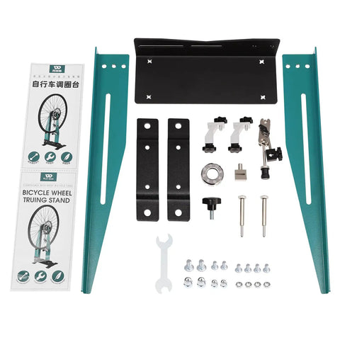 Wheel Truing Stand Pro Grade Wheel Maintenance Tool For 16 To 27.5 Inch Wheels with wrench and components layout