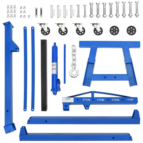 2 Ton Hydraulic Engine Hoist Cherry Picker 4000 Lbs Load Capacity Blue Heavy Duty parts including wheels and frame.