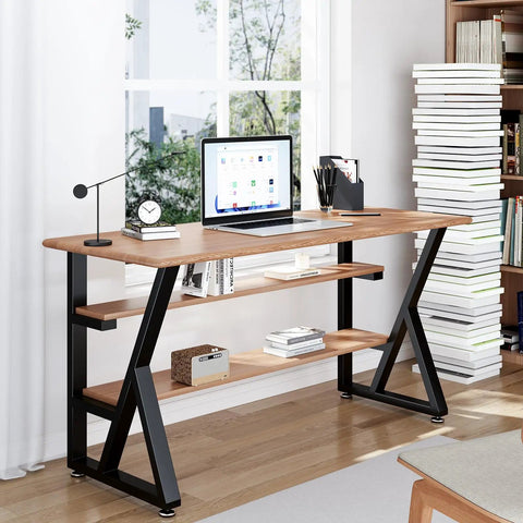 K Shape Beefy Heavy Duty Metal Table Legs Set Of 2, 28 Inches High supporting a wooden desk with books, 1000 lbs load capacity