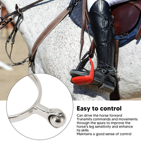 Rider using Stainless Steel Horse Spurs With Smooth Roller Ball For Boots Western Cowboy Equestrian Gear English Spur For Training Dressage Ranch Riding Recreation 2 Pack, close-up of spur detail