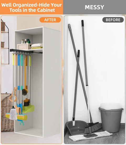 Pull Out Broom Holder With Adjustable Double Row Sliding Hooks Multifunctional Mop And Broom Organizer for cleaning tools