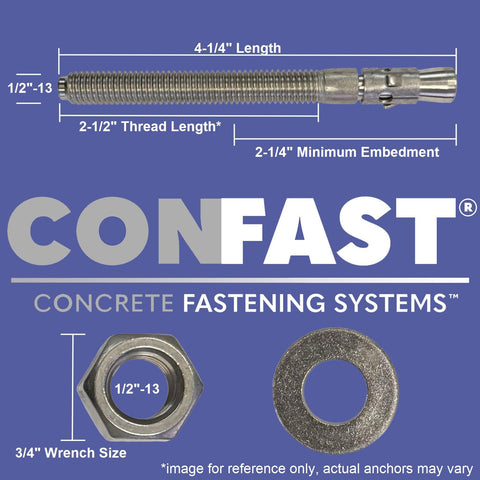 Image of a Stainless Steel Wedge Anchor Half Inch By Four And A Quarter Inch For Concrete In Wet Submerged Environments, nuts, and washers.
