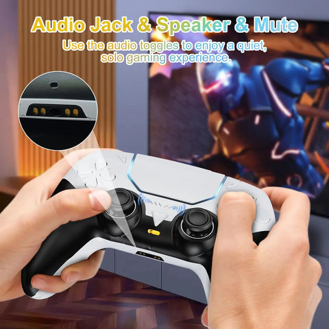 Wireless Game Controller For P5 And PC Steam Deck Programmable Buttons Vibration 6 Axis Sensor Built In Speaker Mute Function 3.5mm Headphone Jack Touch Pad LED Light Bar And Audio Output White, rear audio jack view