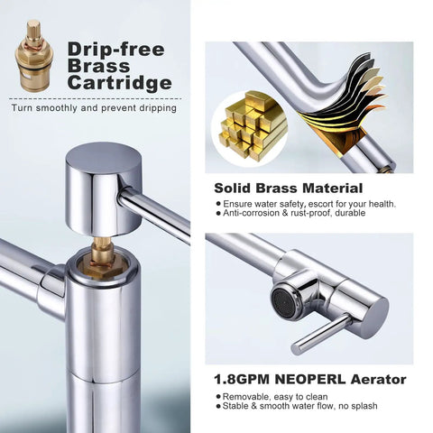 Deck Mounted Pot Filler Faucet With Solid Brass, Double Joint Swing Arm, Polished Chrome Finish, highlighted features