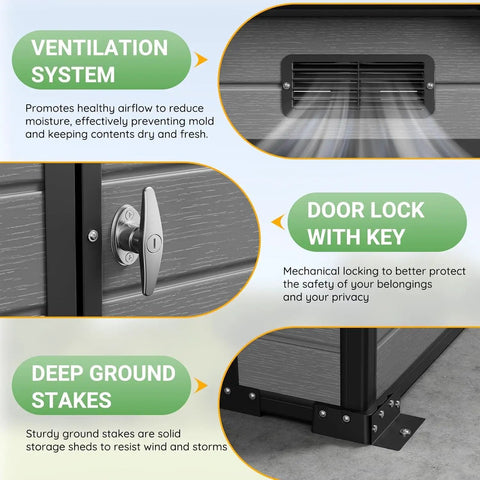 Ventilation, door lock, and ground stake features of a spacious 6x4 ft plastic storage shed with floor, easy setup, outdoor use.