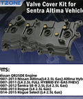 Engine Valve Cover Kit for 2007 to 2013 Nissan Altima and Sentra 2.5L with preinstalled bolts, including oil cap gasket.