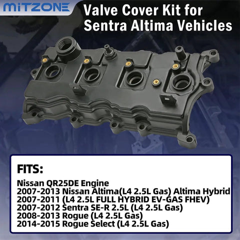 Engine Valve Cover Kit for 2007 to 2013 Nissan Altima and Sentra 2.5L with preinstalled bolts, including oil cap gasket.