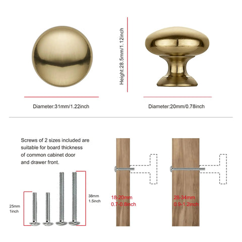 Image of 10 Pack Cabinet Knobs In Champagne Bronze Heavy Duty Zinc Alloy Hardware Handles with dimensions and screws included.