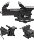 Heavy Duty Six Inch Bench Vise Rock Solid Cast Steel Frame With Double Locking Swivel Base And Flat Hammer Anvil Surface For Tough Daily Shop Grind Woodworking And Pipe Clamping Projects Black Finish displayed from multiple angles.