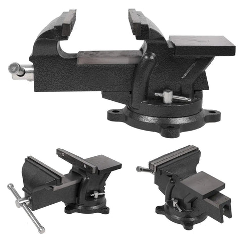 Heavy Duty Six Inch Bench Vise Rock Solid Cast Steel Frame With Double Locking Swivel Base And Flat Hammer Anvil Surface For Tough Daily Shop Grind Woodworking And Pipe Clamping Projects Black Finish displayed from multiple angles.