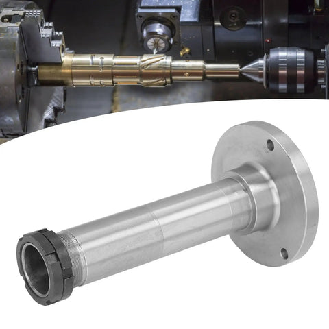 Rugged 38mm Hole Lathe Spindle Replacement For Mini Lathes, hollow headstock spindle assembly in steel, shown with machining tool setup