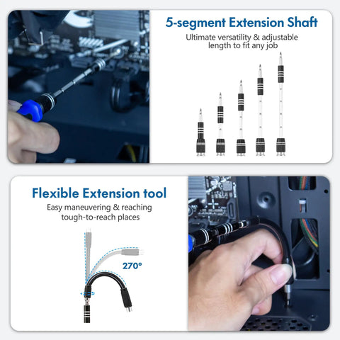 62-In-1 Precision Screwdriver Kit extension and flexible tool for electronics repair on computers and devices, showing use and versatility.