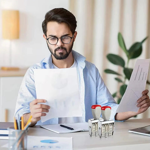 A man examining documents while using a Totally Versatile Rubber Date Stamp With Rotating Mechanism For Scrapbooking And Office Tasks.