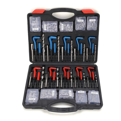 Open Helicoid Thread Repair Kit Pro Grade 261-Piece Set with 220 inserts, tools, and drills, shown inside storage box.