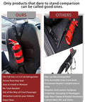 Ride Ready Car Seat Fire Extinguisher Mount With Adjustable Strap For 2.5 To 3.3 Lb Extinguishers Easy No Drill Install Universal Holder Bracket For Cars Trucks SUVs ATVs and More Vehicles, installed view compared with a competitor's mount.