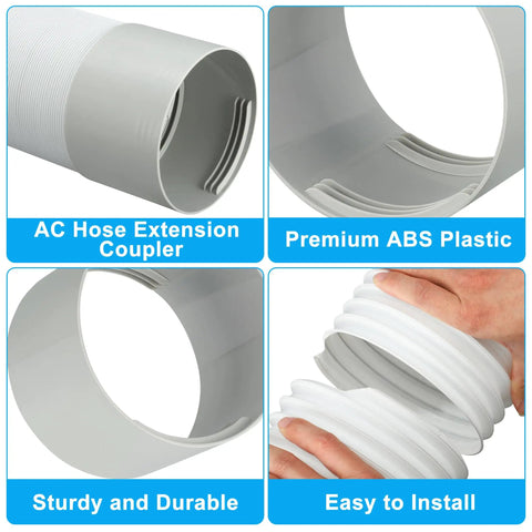 Portable AC Exhaust Hose Coupler 5.9 Inch Connector Extender With Clockwise And Counterclockwise Threads For Easy Install And Universal Fit No Fuss Air Conditioning Accessories, shown in various angles.