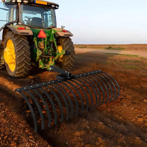 Tractor using 49 Inch Landscape Rake Attachment with 17 Spring Steel Tines for Lawn Tractors and ATV UTVs debris removal