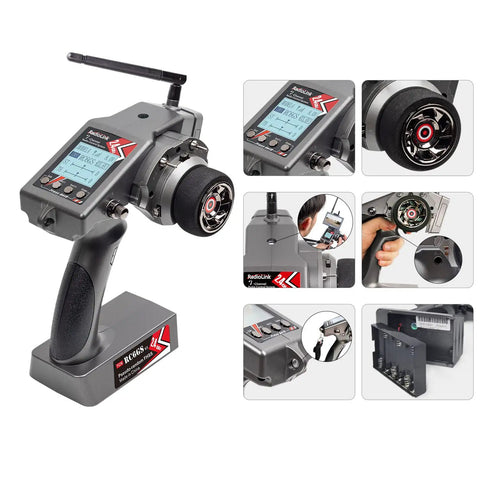 7 Channel RC Transmitter With Gyro Receiver R7FG 2.4GHz Surface Radio featuring controls and battery panel