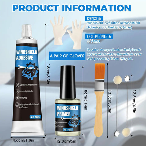 Polyurethane Windshield Adhesive and Primer Kit for Quick Curing Weather Resistant Bonding with gloves, brush, and swabs