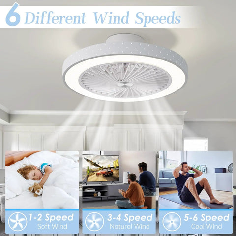 Low Profile Flush Mount Ceiling Fan With Lights Remote Control 6 Speeds Dimmable LED 3 Color Temperatures Iron Finish 18.9 Inch