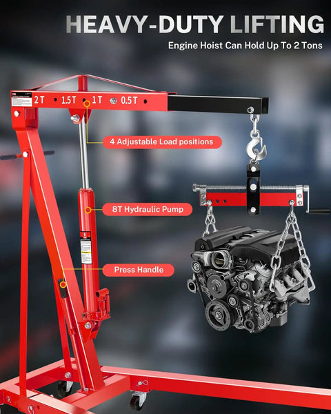 Heavy Duty 2 Ton Hydraulic Engine Hoist Crane With Manual Lever And Compact Folding Design Featuring Four Versatile Boom Positions showing adjustable load positions and hydraulic pump.