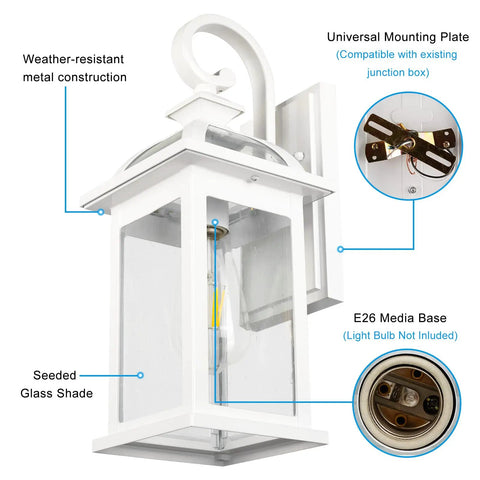 Outdoor Wall Sconce Lighting Set With Seeded Glass Weatherproof Exterior Fixtures Rustproof Aluminum Mounts For House Front Porch And Patio 2 Pack White