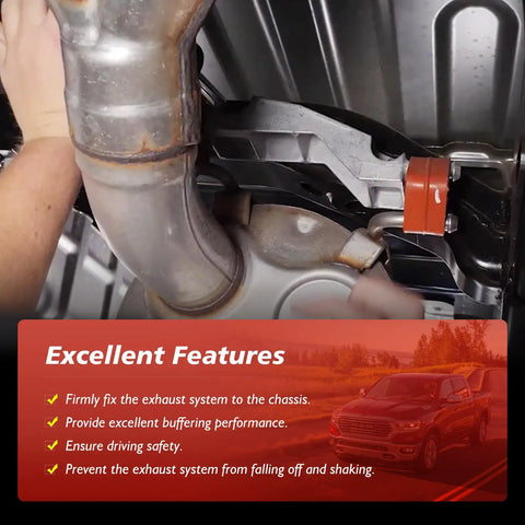 Up Your Ride This Season With A Cool Exhaust Muffler Bracket And Dual Hanger Rubber Isolator Kit Specifically Made For Ram 1500 Models From 2019 To 2025 Perfect Fix To Silence The Rattle. Installed aluminum exhaust muffler bracket with orange rubber isolator on Ram 1500