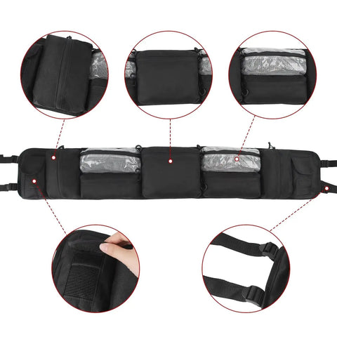 Extra Thick Hella Tough UTV Roll Cage Storage Bag With Secure Straps For Arctic Cat Prowler Ev Multi Compartment Off Road Gear Sack shown with pockets and straps.