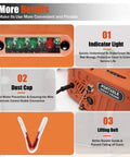 Cool 110V 1500W Portable Electric Hoist Winch control panel with indicator light, dust cap, and lifting belt details.