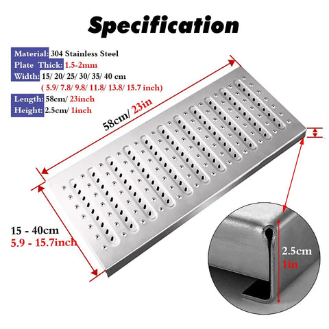 Heavy Duty 304 Stainless Steel Drain Grates Pack Of 15 Zero Rust Anti Skid Driveway Walkway Garage Floor Covers Built Different For Any Outdoor Job Today, close-up view of grates specifications, 23in long, 1in high.