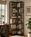 Tall Corner Bookshelf With Fourteen Shelves And Seven Tiers, Space Saving Corner Bookcase for Living Room, durable wood and metal