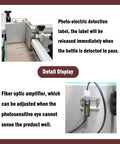 Detail view of Straight Up Desktop Auto Labeler showing photo-electric detection and fiber optic amplifier for bottle tracking.