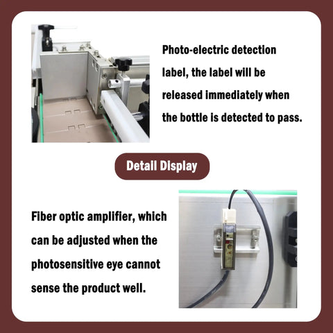 Detail view of Straight Up Desktop Auto Labeler showing photo-electric detection and fiber optic amplifier for bottle tracking.
