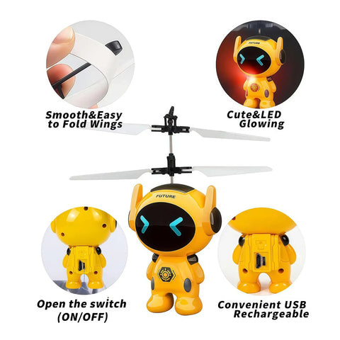 Hand Controlled Mini Drone For Kids 6 To 12 With LED Lights Indoor Flying Toy with yellow robotic design and USB port