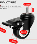 Caster Wheels Set Of Twelve 2 Inch Heavy Duty Swivel Casters With Dual Brakes And M8 Threaded Stem 400 Pound Capacity For Desk Workbench Or Cart Locks Both Wheel And Swivel For Safe Stationary Use shown with dimensions.