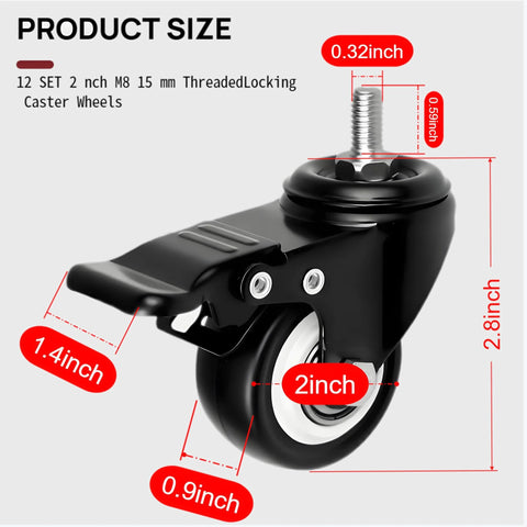 Caster Wheels Set Of Twelve 2 Inch Heavy Duty Swivel Casters With Dual Brakes And M8 Threaded Stem 400 Pound Capacity For Desk Workbench Or Cart Locks Both Wheel And Swivel For Safe Stationary Use shown with dimensions.