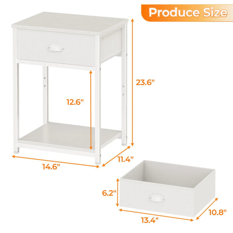 Small Space Friendly White Nightstand With Fabric Drawer And 3 Tier Storage End Table dimensions shown with drawers.