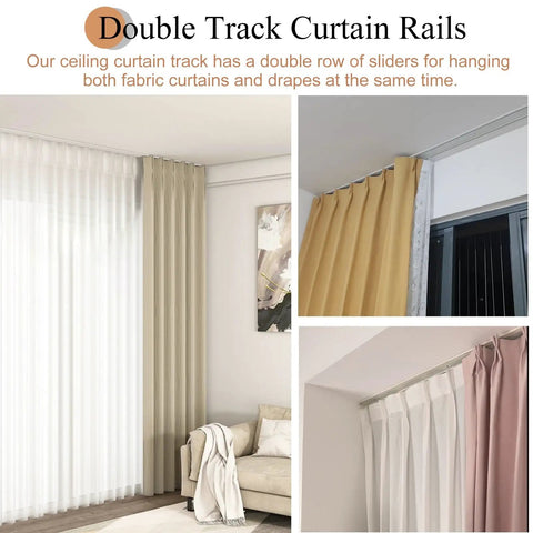 Double Tracks Ceiling Mount Curtain Rail With Hooks For Living Room And Bedroom Ultra Thin Aluminum Curtain Rod Smooth Noiseless Sliders Room Divider Track White Finish 1.9m Length, ceiling-mounted with curtains