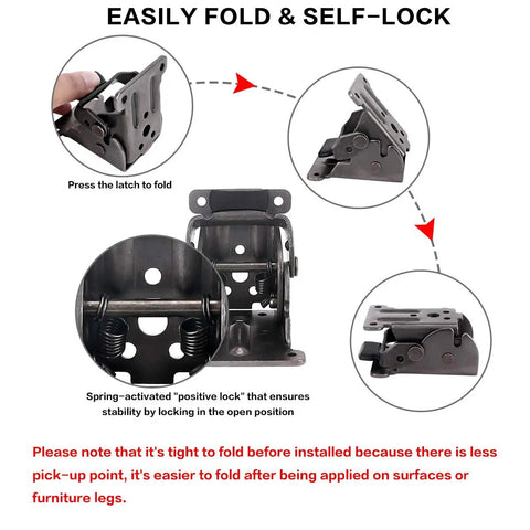 4 Pack Beefy Heavy Duty Locking Hinge Brackets For Folding Tables with 90 Degree Self Locking Mechanism in use demo